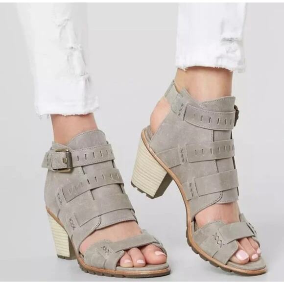 Sorel Nadia Leather Heeled Sandals Womens Size 9 Grey/Kettle - Picture 1 of 11